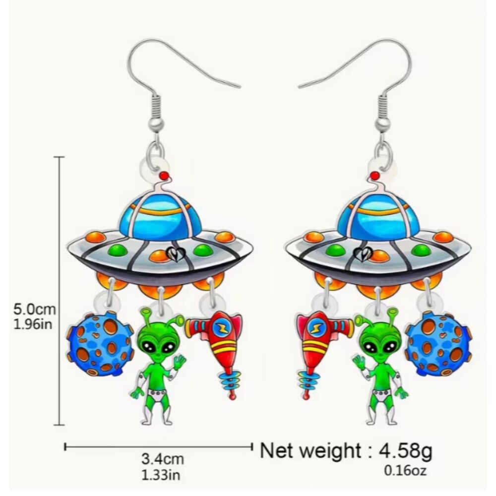 FUN Alien UFO Space Gun Planet Dangle Earrings - Picture 3 of 5